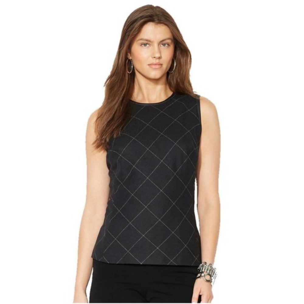 Lauren Ralph Lauren Windowpane Top with Leather Trim